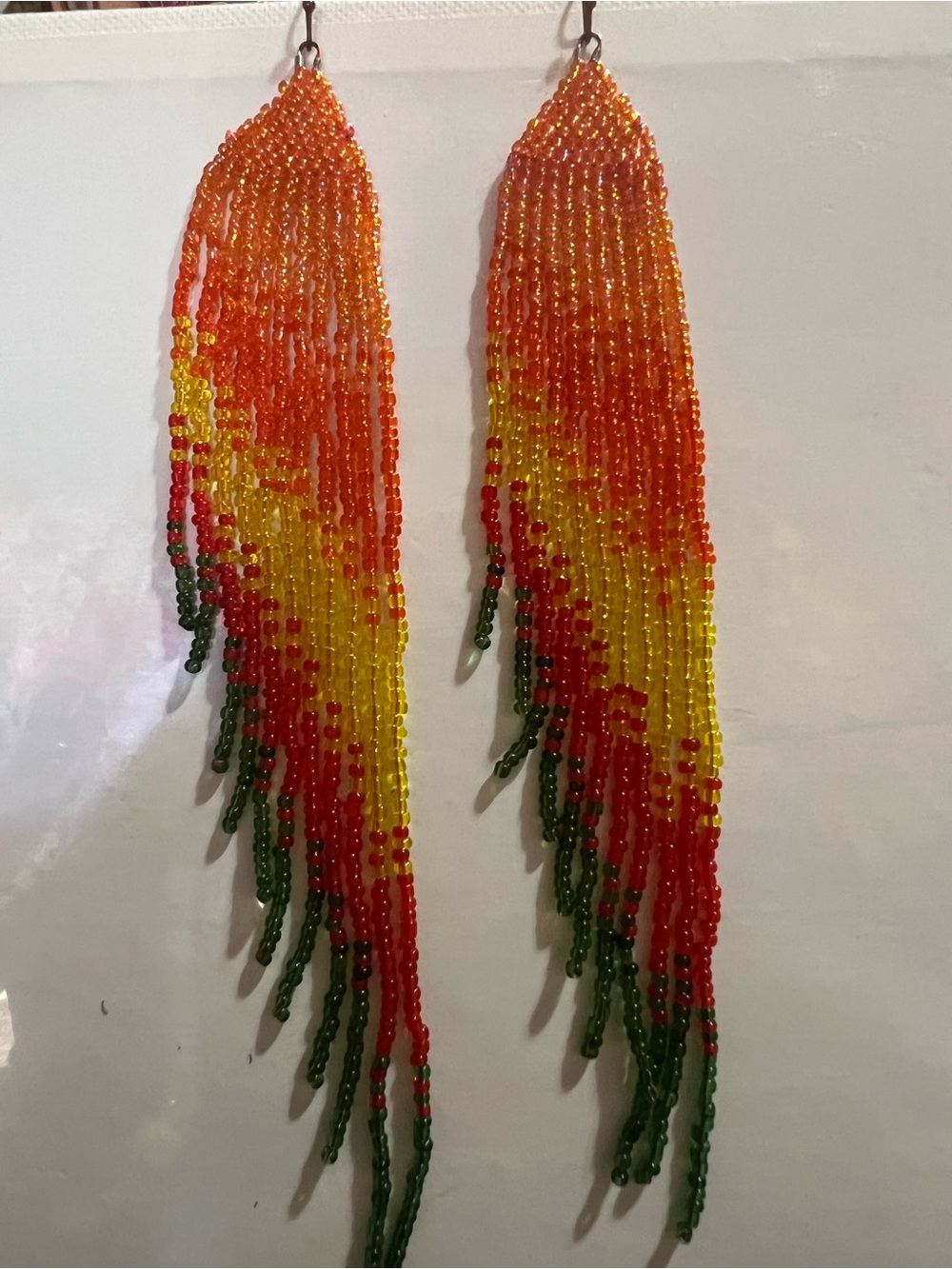 Handmade Beaded Fringe Earrings in Orange, Yellow & Green